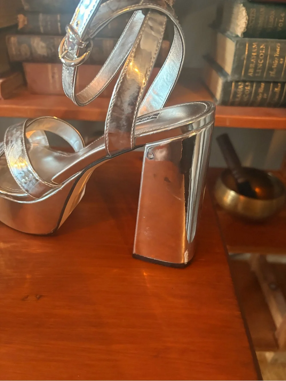 Nine West Metallic Silver Platform Block Heel Sandals